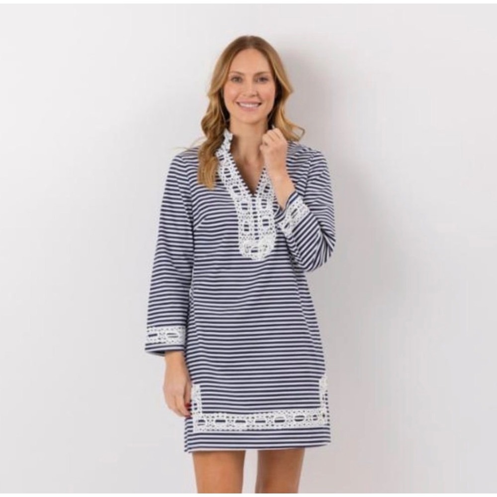 Tuckernuck Sail to Sable Dress XS Long‎ Sleeve Tunic Dress Nautical Navy Striped